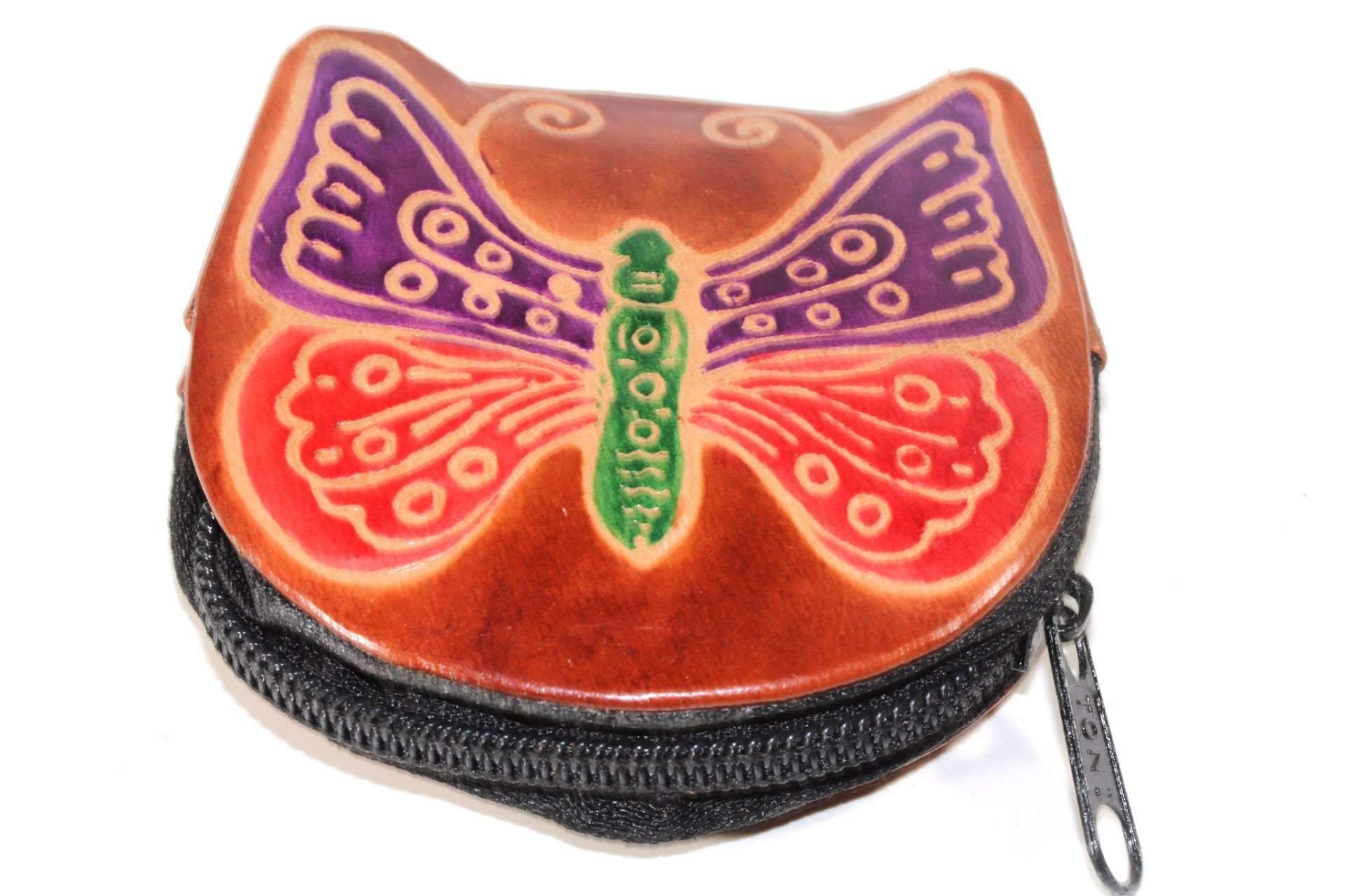 Colorful Butterfly Coin Purses made of genuine leather, showcasing embossed designs and various vibrant colors, perfect for storing loose change.