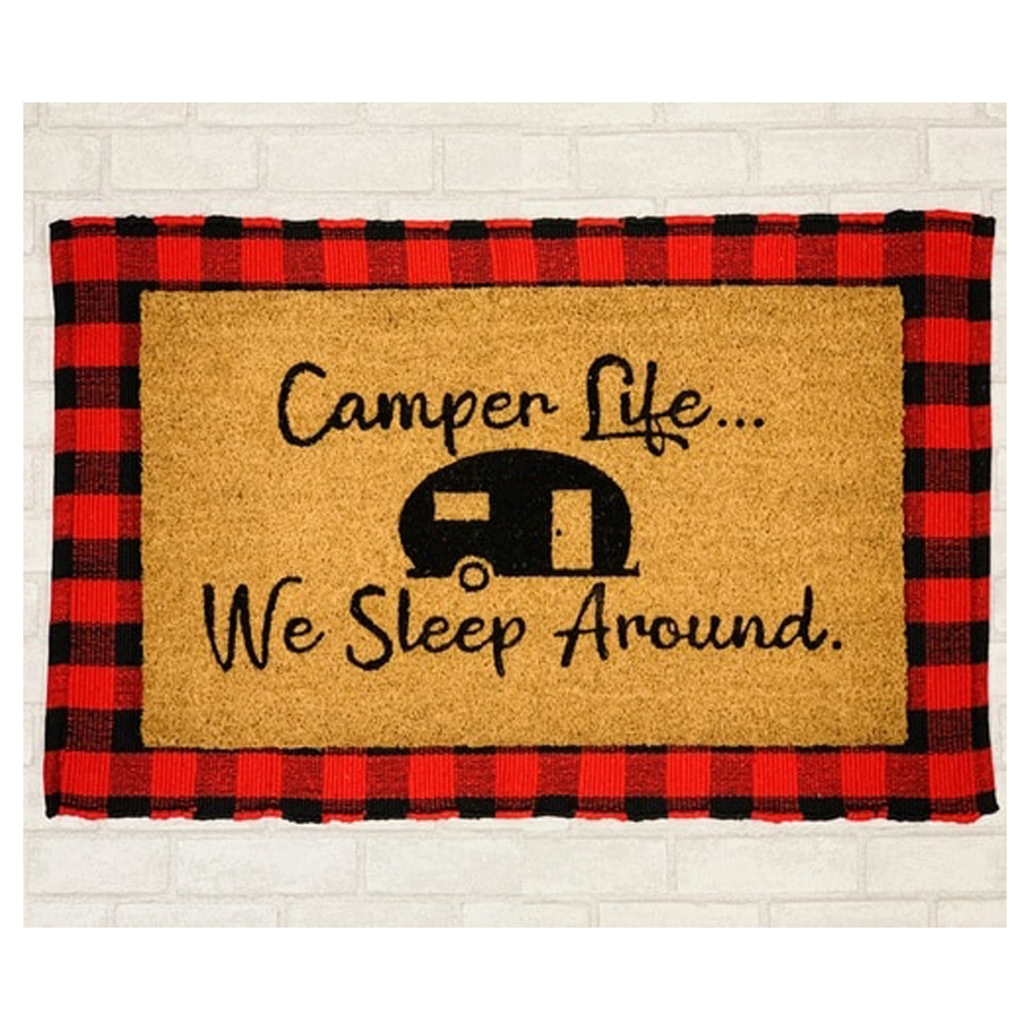 A humorous doormat with the phrase 'We Sleep Around', made of coir, perfect for camping entrances.