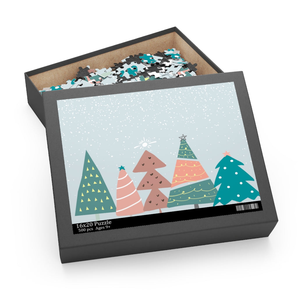 A beautifully designed 500-piece jigsaw puzzle featuring Christmas trees in a snowy landscape, showcasing vibrant colors and intricate details.