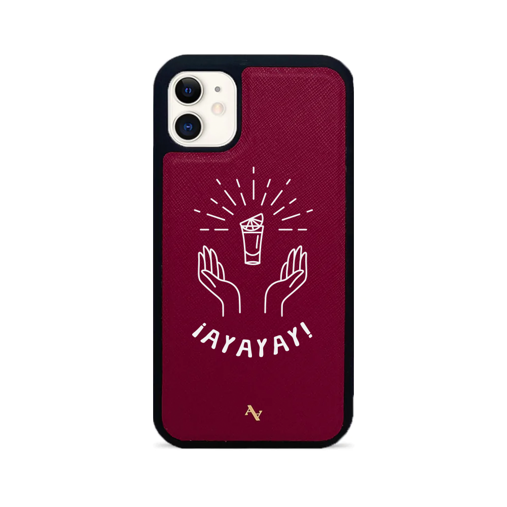 Cielito Lindo ¡AYAYAY iPhone 11 Leather Case in genuine saffiano leather with a soft rubber rim, showcasing personalization options.