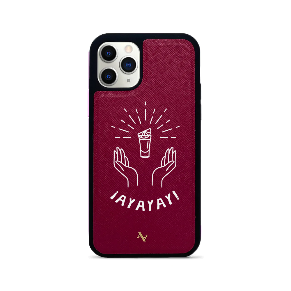 Cielito Lindo iPhone 11 Pro leather case in saffiano leather with a soft rubber rim, showcasing personalization options.