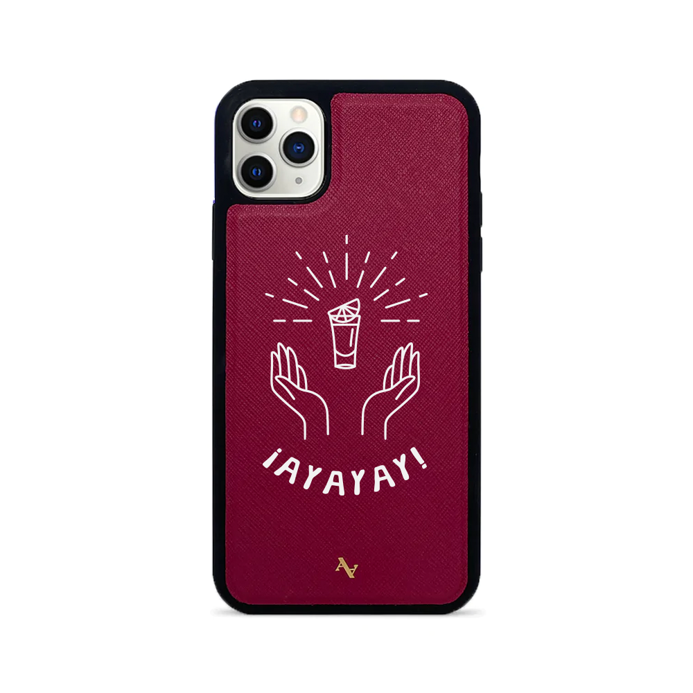 Cielito Lindo ¡AYAYAY! iPhone 11 Pro Max leather case in saffiano leather with rubber rim, showcasing personalization options.