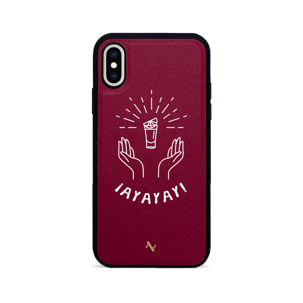 Cielito Lindo ¡AYAYAY! iPhone X/XS leather case in saffiano leather with rubber rim, showcasing personalization options.