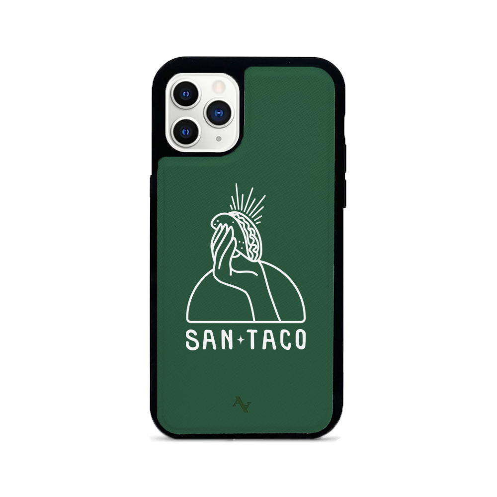 Cielito Lindo San Taco iPhone 11 Pro leather case in genuine saffiano leather with customizable monogram options.