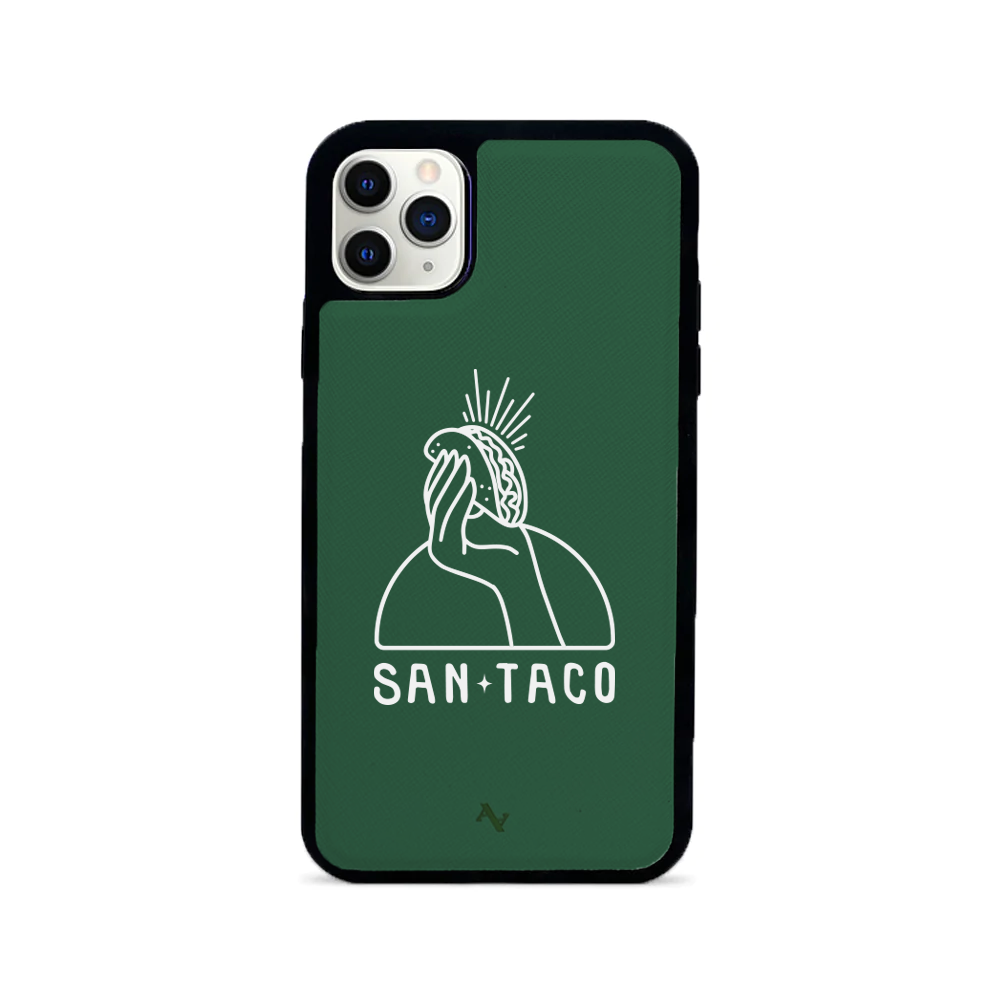 Cielito Lindo San Taco iPhone 11 Pro Max Leather Case in genuine saffiano leather with rubber rim.