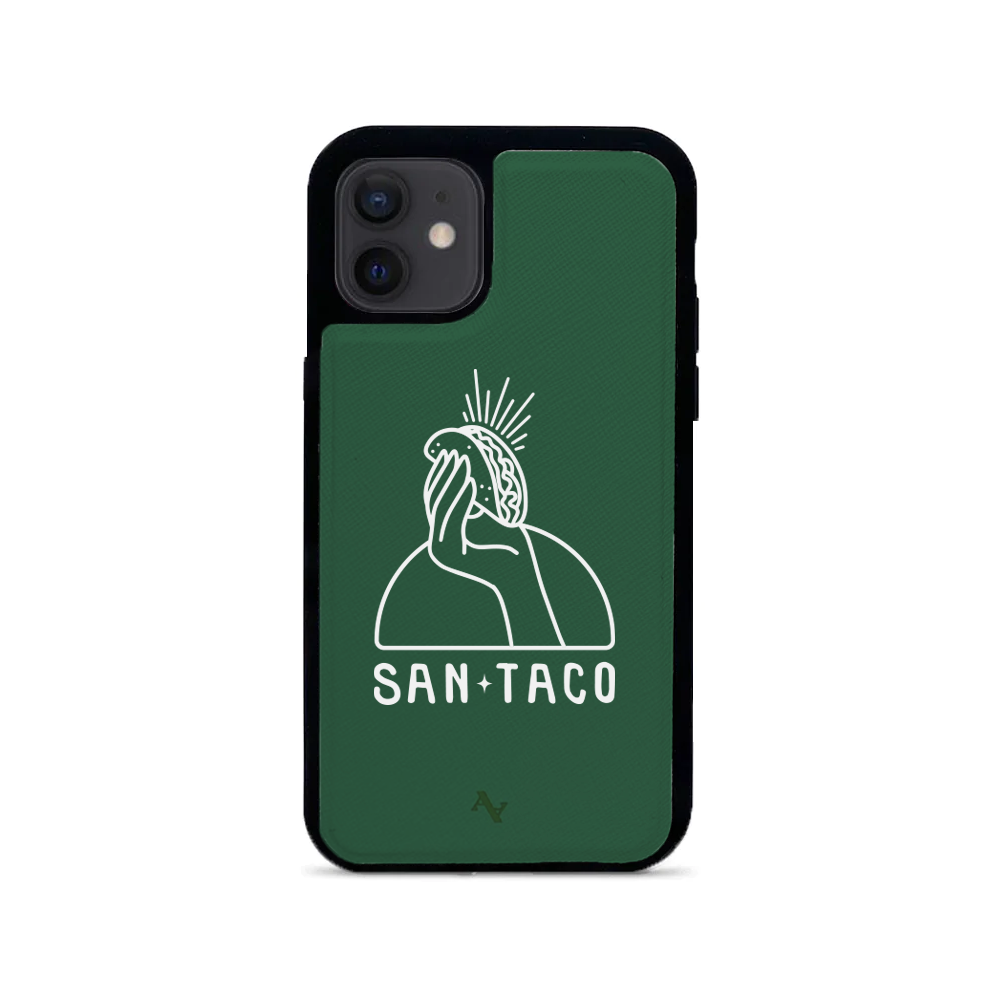 Cielito Lindo San Taco iPhone 12 Mini Leather Case in saffiano leather with rubber rim, showcasing personalization options.