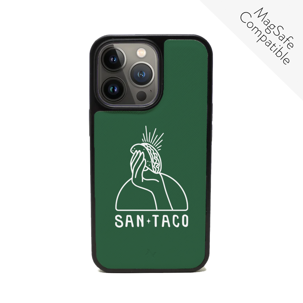 Cielito Lindo San Taco iPhone 13 Pro Leather Case in vegan saffiano leather with soft rubber rim, showcasing personalization options.