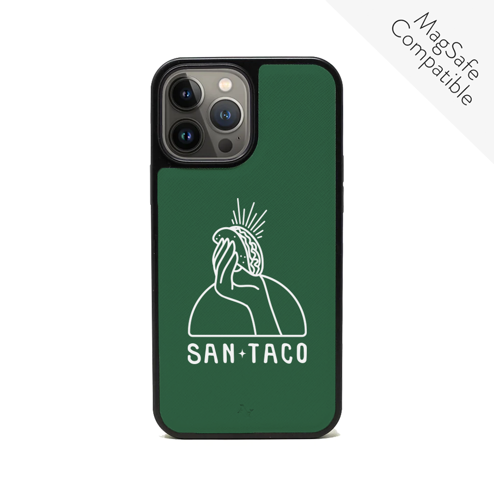 Cielito Lindo San Taco iPhone 13 Pro Max Leather Case in vegan saffiano leather with soft rubber rim, showcasing personalization options.