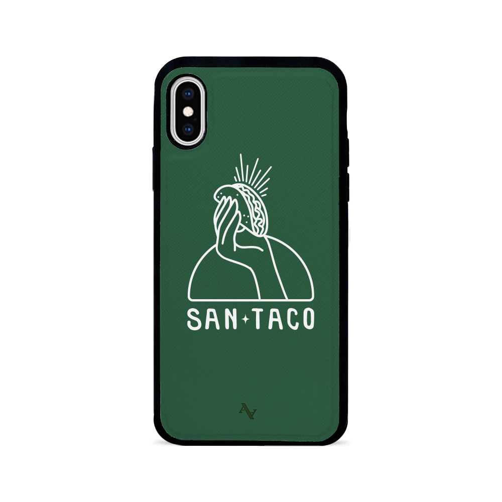 Cielito Lindo San Taco iPhone X/XS leather case in genuine saffiano leather with a soft rubber rim, showcasing personalization options.