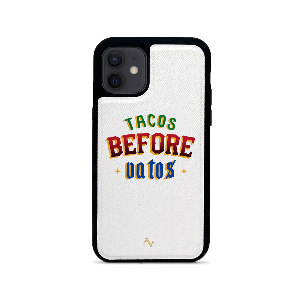 Cielito Lindo Tacos Before Vatos iPhone 12 Mini leather case in saffiano leather with rubber rim, showcasing personalization options.