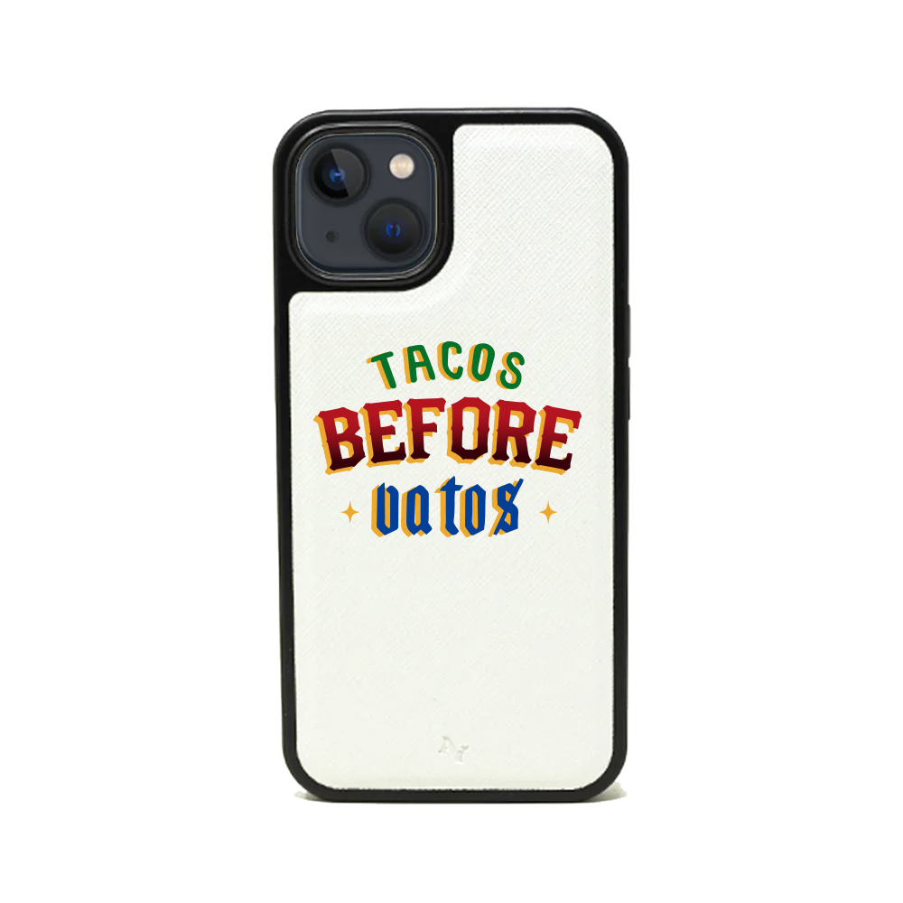 Cielito Lindo Tacos Before Vatos iPhone 13 leather case featuring vegan saffiano leather and customizable design.