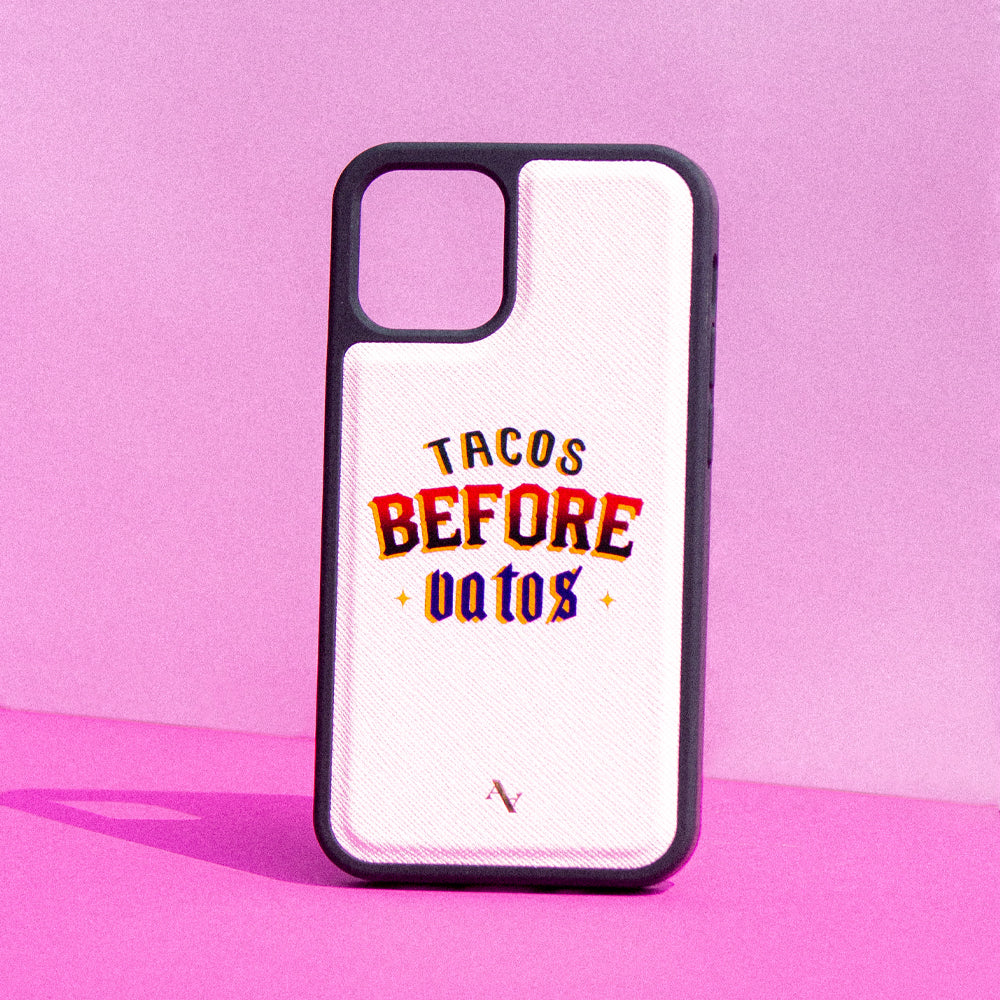 Cielito Lindo Tacos Before Vatos iPhone 13 leather case featuring vegan saffiano leather and customizable design.