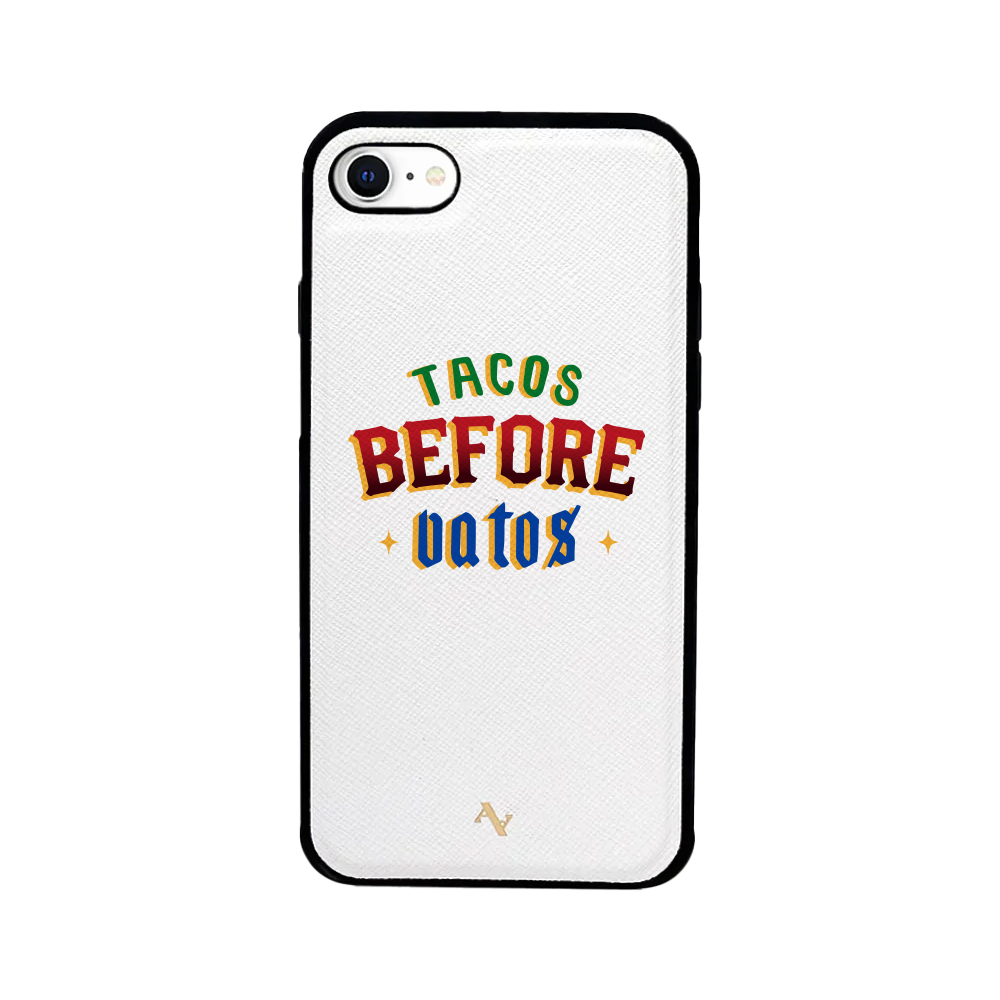 Cielito Lindo leather case for iPhone 7/8/SE featuring Tacos Before Vatos design, made from genuine saffiano leather with a soft rubber rim.