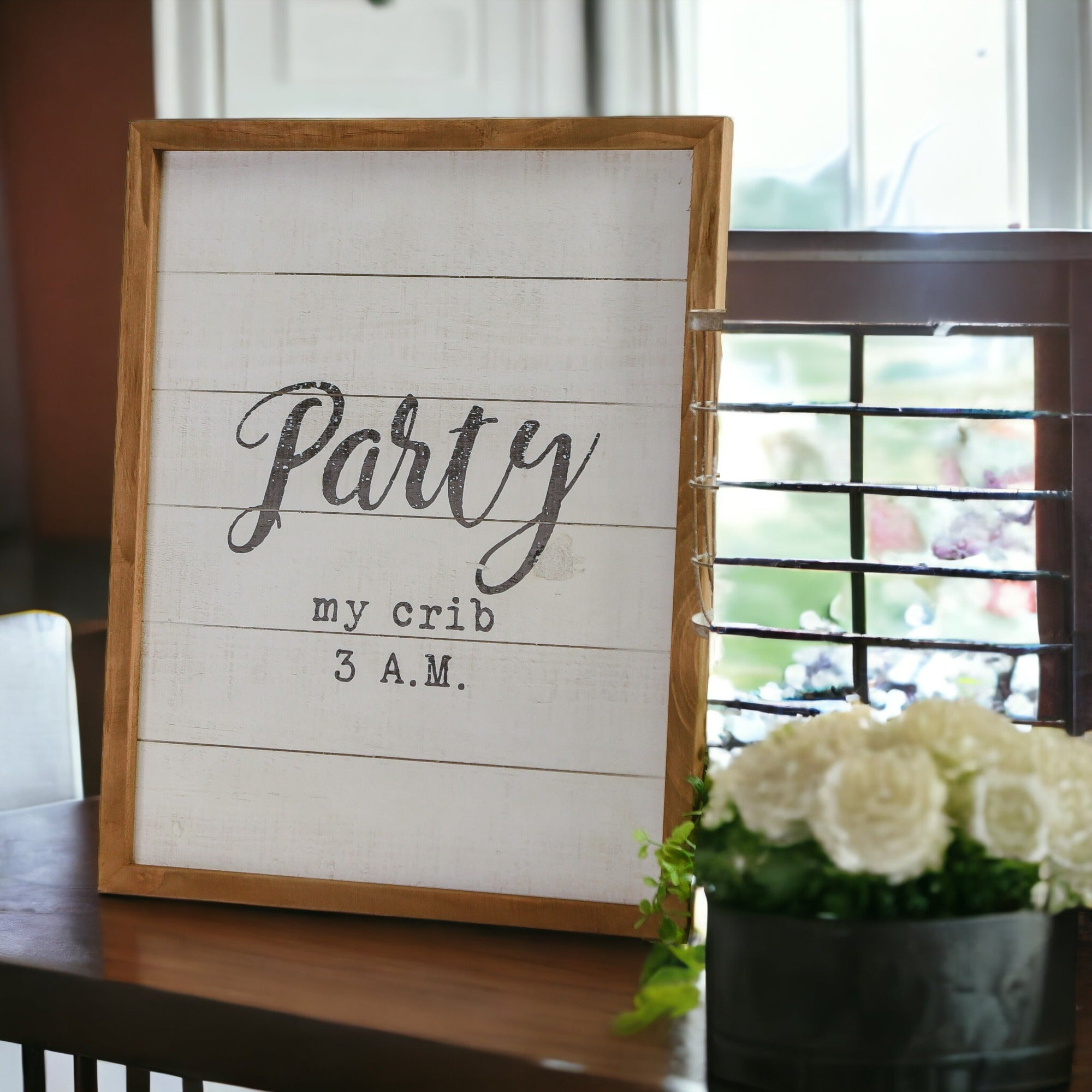 Handmade wooden sign reading 'Party My Crib 3 A.M.' with rustic vintage effects, perfect for nursery decor.