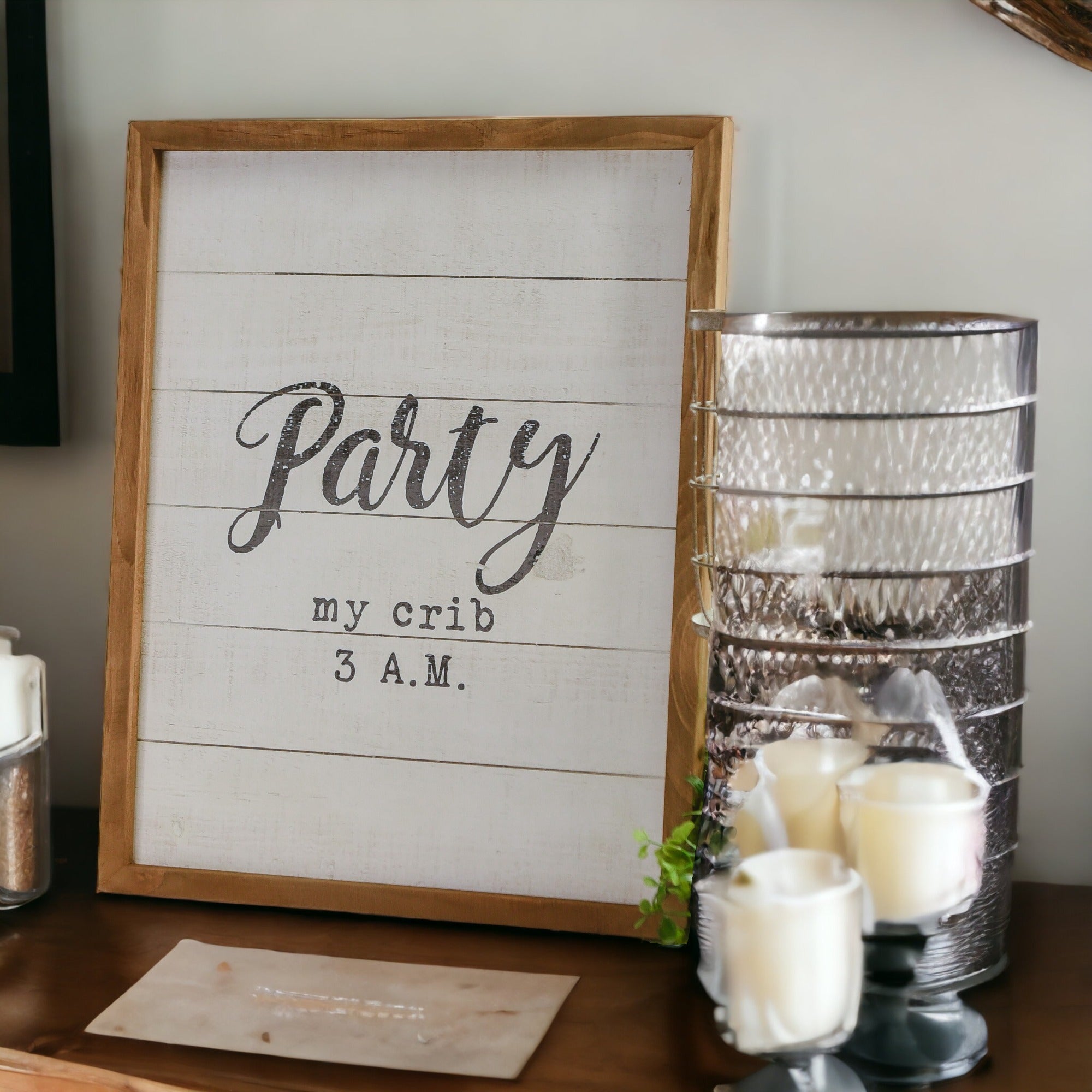 Handmade wooden sign reading 'Party My Crib 3 A.M.' with rustic vintage effects, perfect for nursery decor.