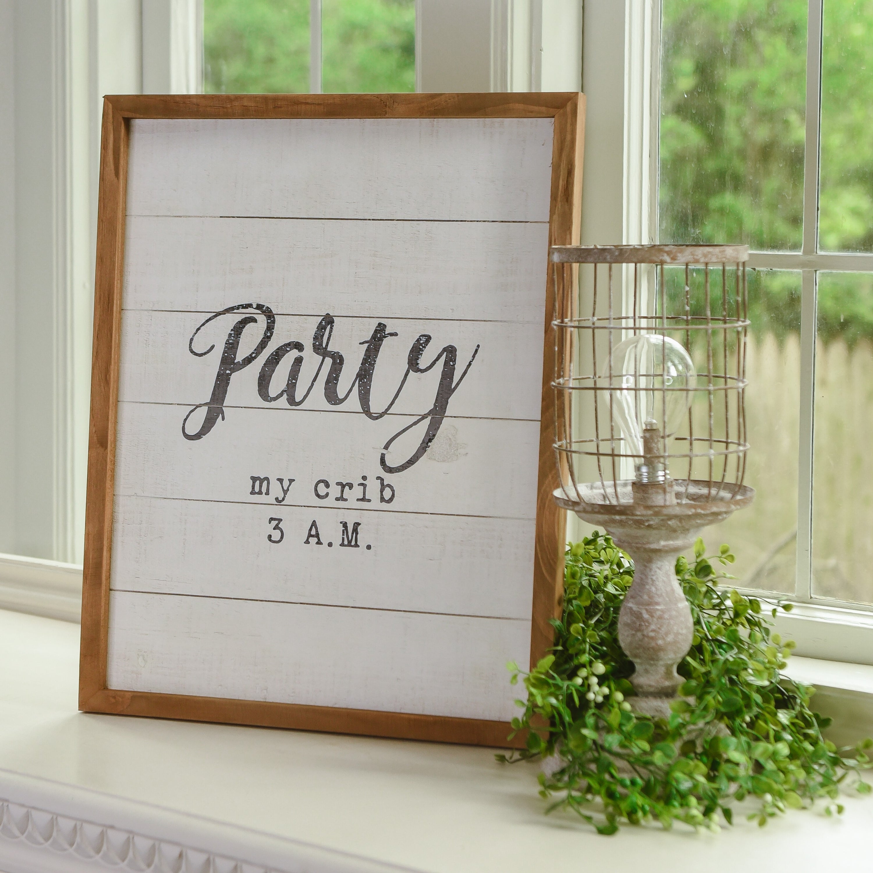 Handmade wooden sign reading 'Party My Crib 3 A.M.' with rustic vintage effects, perfect for nursery decor.