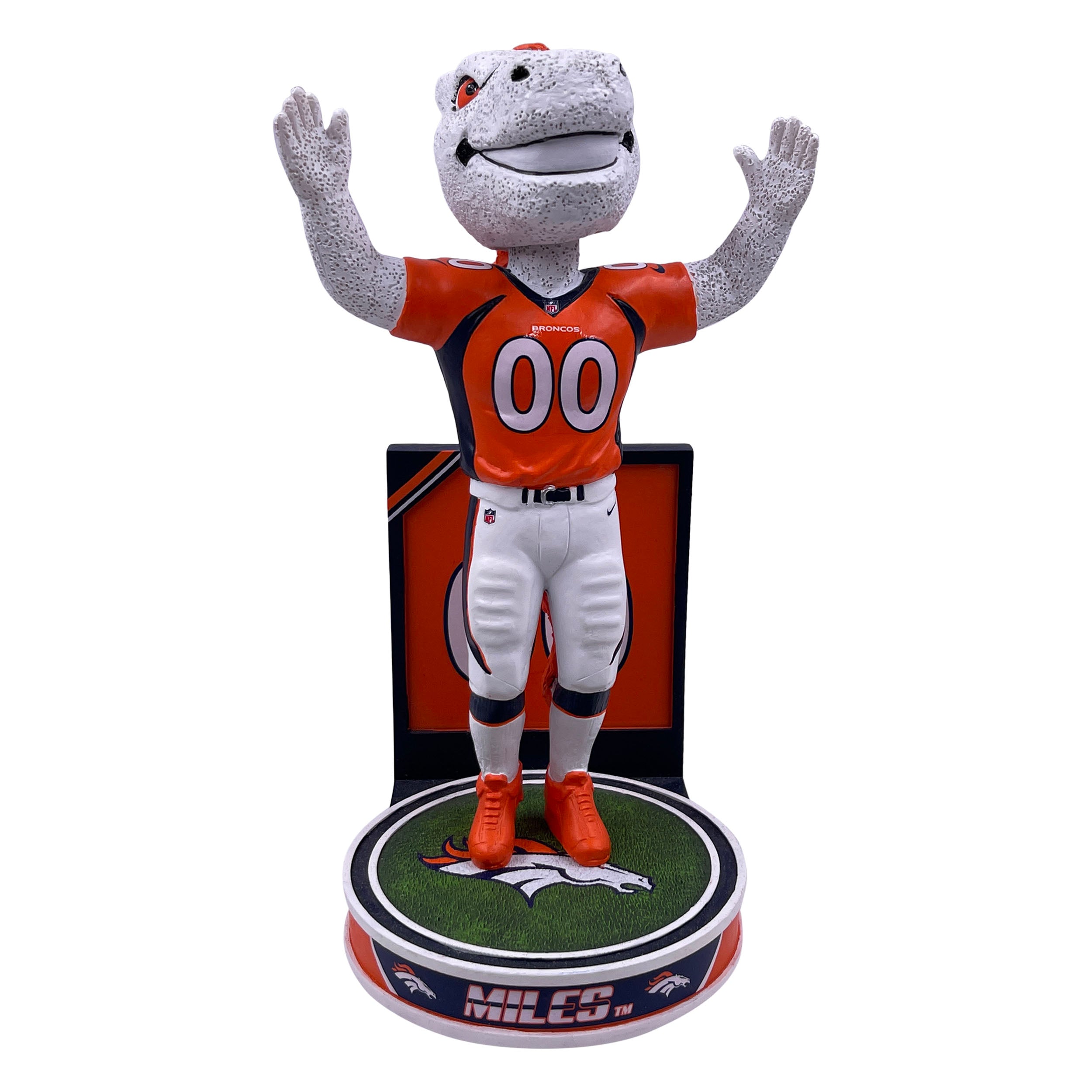 Denver Broncos Hero Series Mascot Bobblehead, 8 inches tall, featuring vibrant team colors and intricate design.