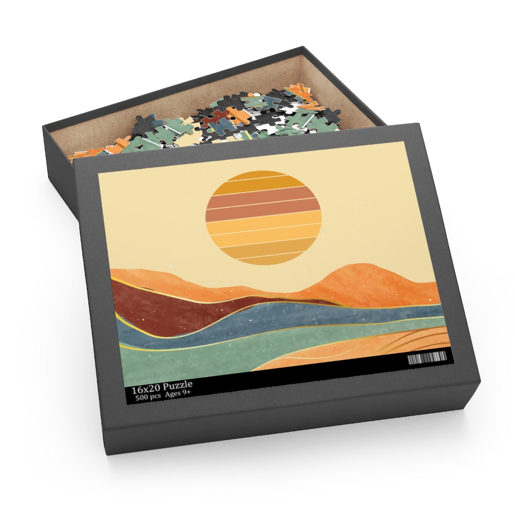 A beautifully designed 500-piece jigsaw puzzle featuring a vibrant desert landscape, showcasing high-quality chipboard pieces in a gift-ready box.