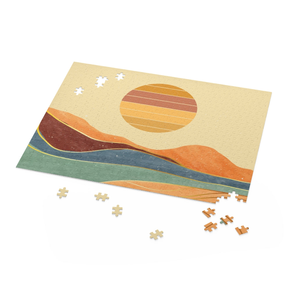 A beautifully designed 500-piece jigsaw puzzle featuring a vibrant desert landscape, showcasing high-quality chipboard pieces in a gift-ready box.