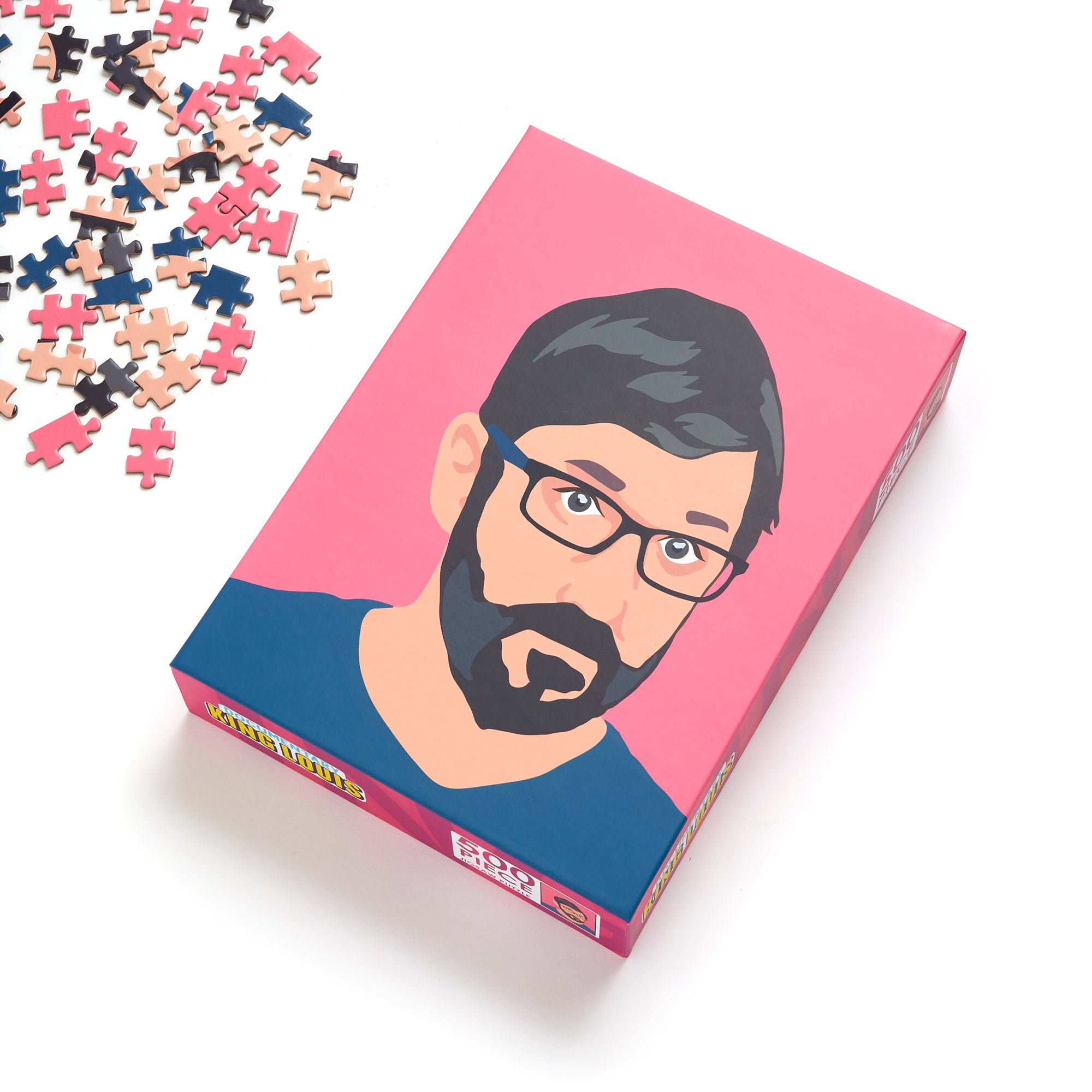 A 500-piece jigsaw puzzle featuring investigative journalist Louis Theroux, showcasing his iconic bespectacled image.