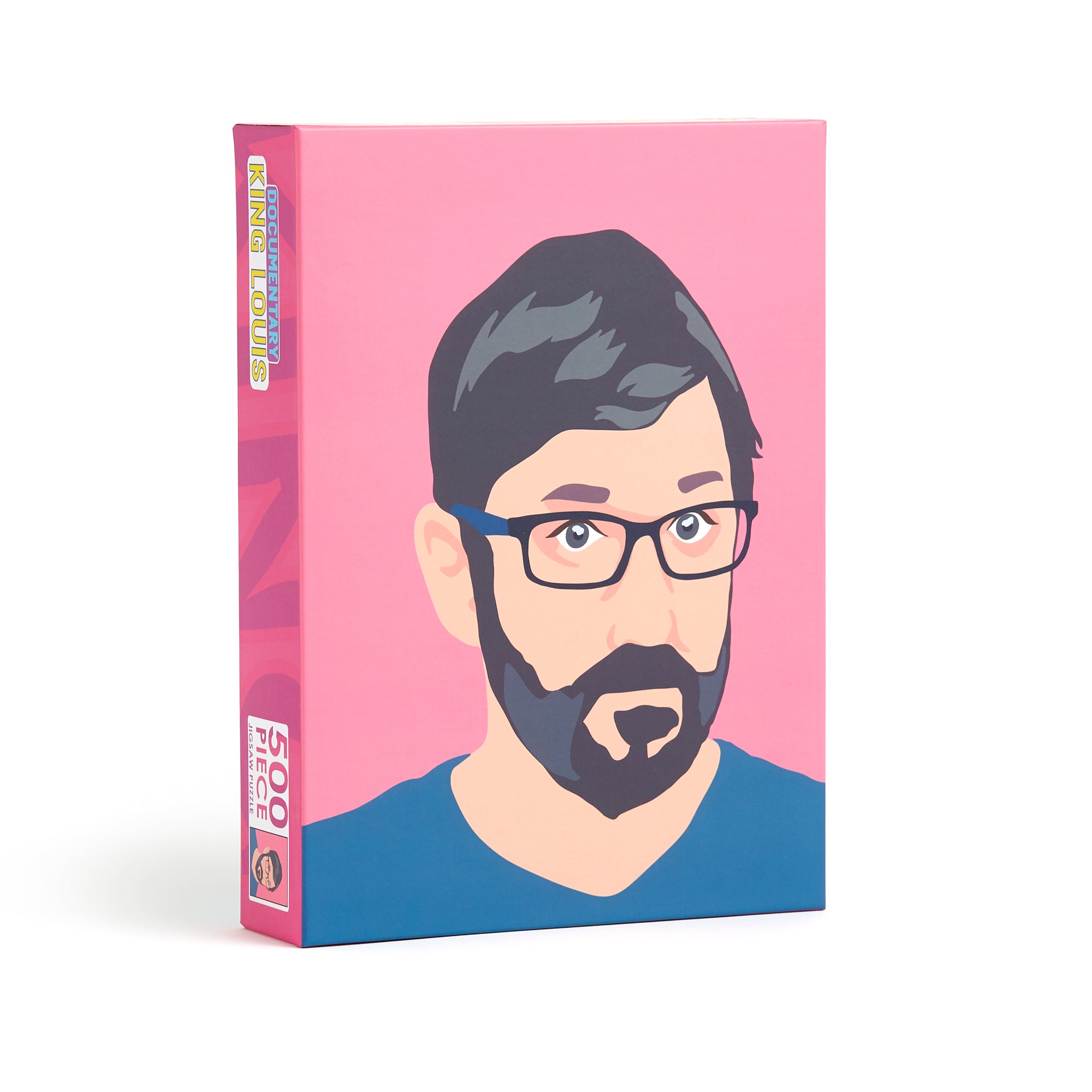 A 500-piece jigsaw puzzle featuring investigative journalist Louis Theroux, showcasing his iconic bespectacled image.