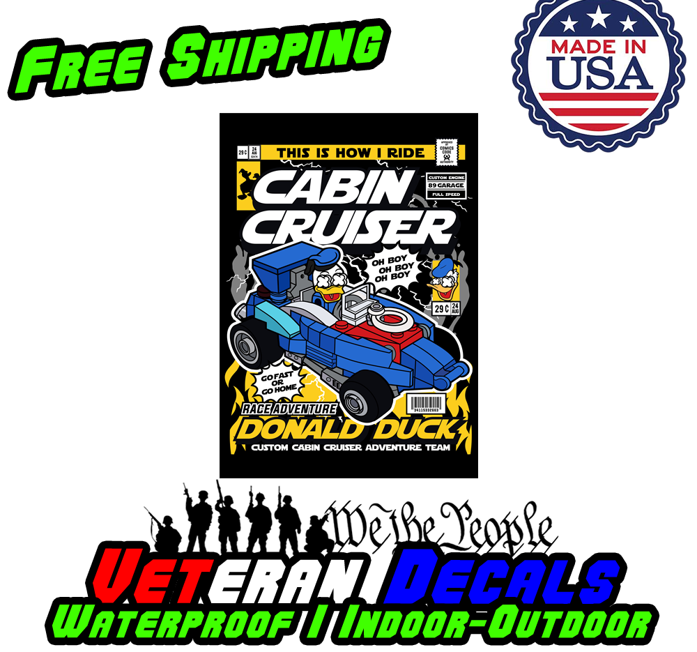 Donald Cabin Cruiser Duck vinyl decal sticker on a smooth surface, showcasing vibrant colors and pop culture design.