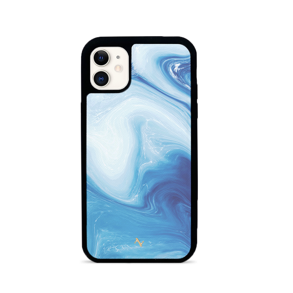 Dreamland iPhone 11 Leather Case made of genuine saffiano leather with a soft rubber rim, showcasing personalization options.