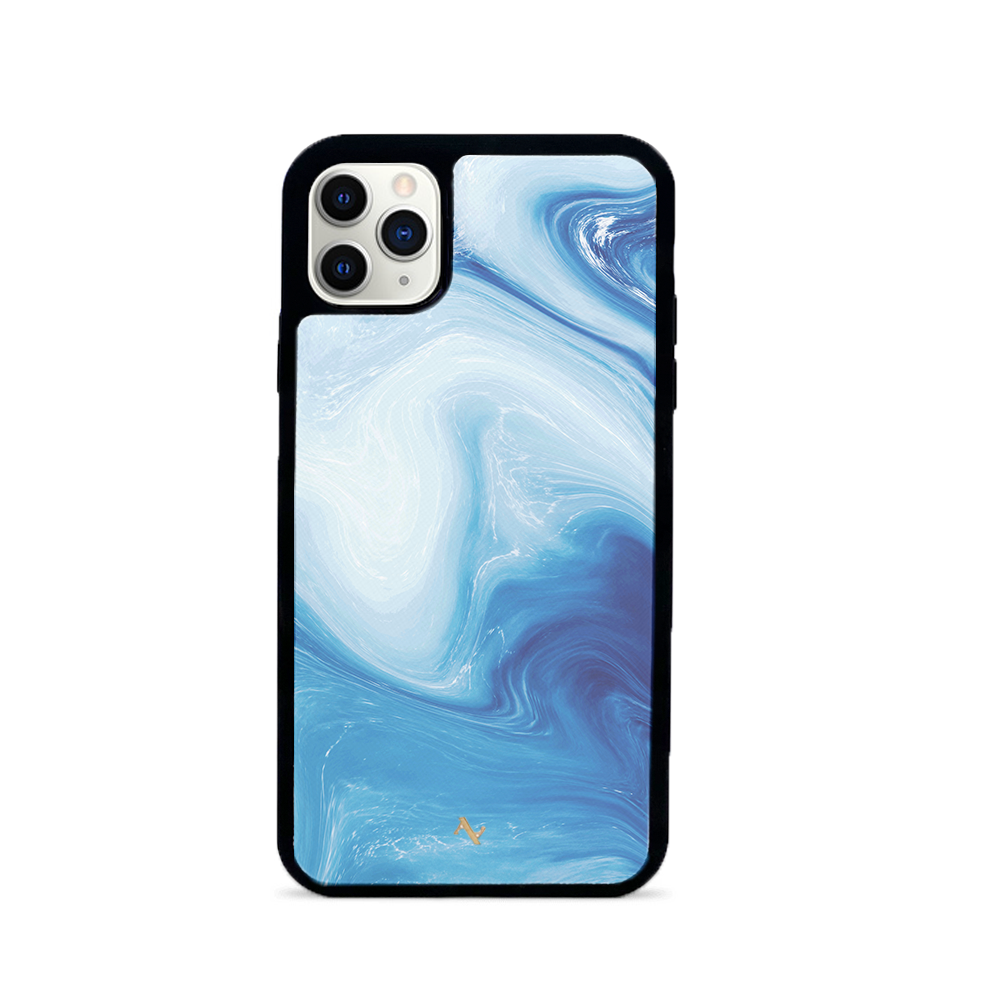 Dreamland iPhone 11 Pro Max leather case in vegan saffiano leather with rubber rim, showcasing personalization options.