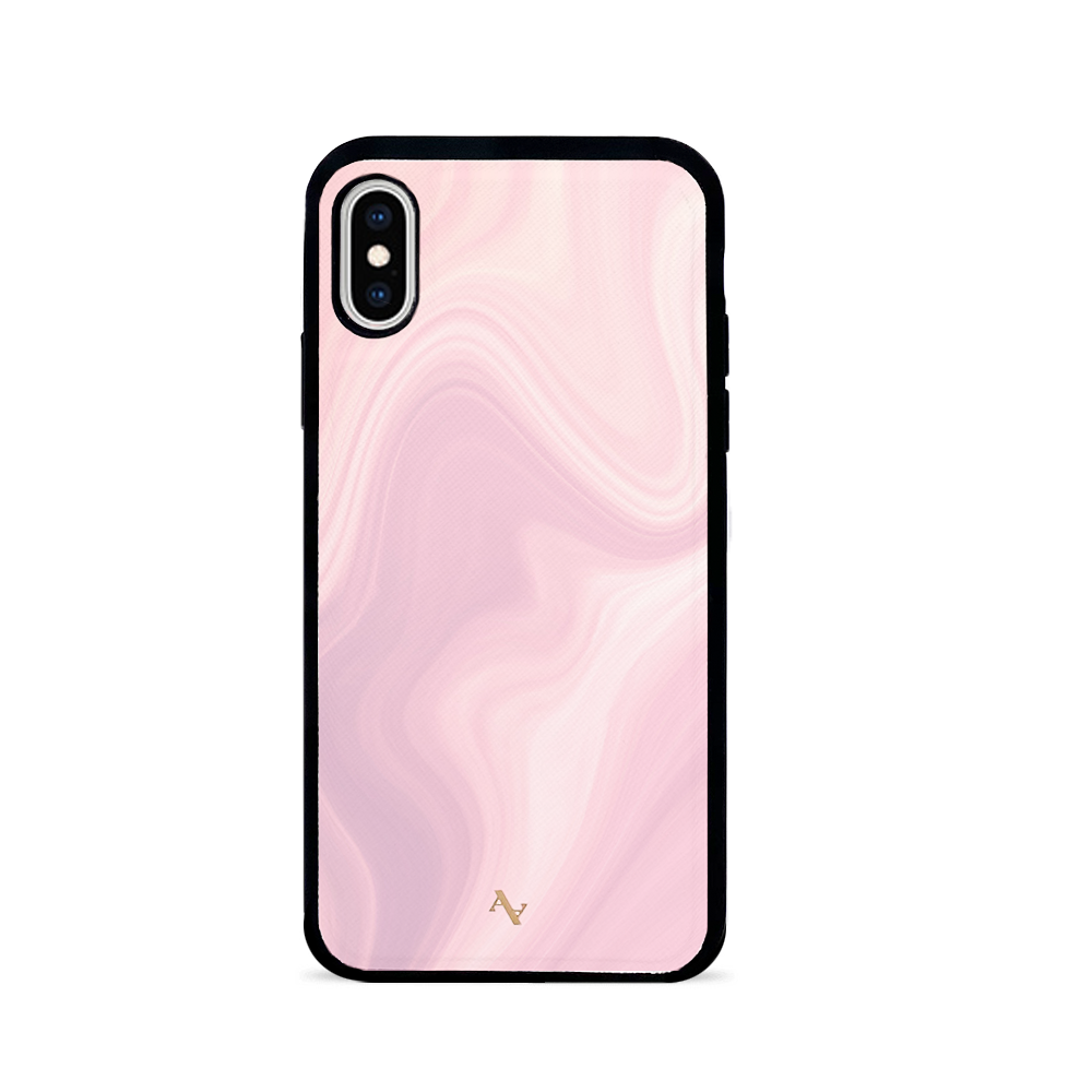 Dreamland iPhone X/XS leather case in saffiano leather with rubber rim, showcasing personalization options.