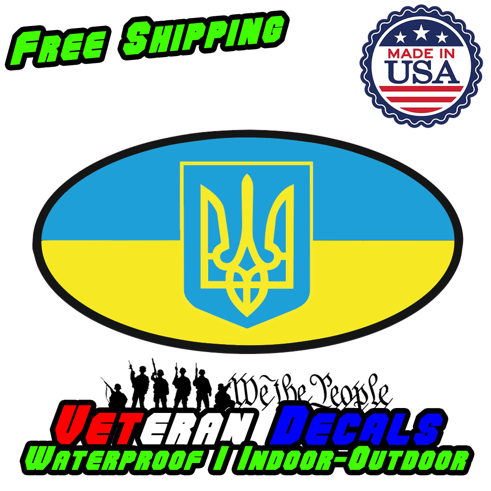 Emblem Oval Ukraine Coat Of Arms decal on a car, showcasing support for Ukraine against Putin.