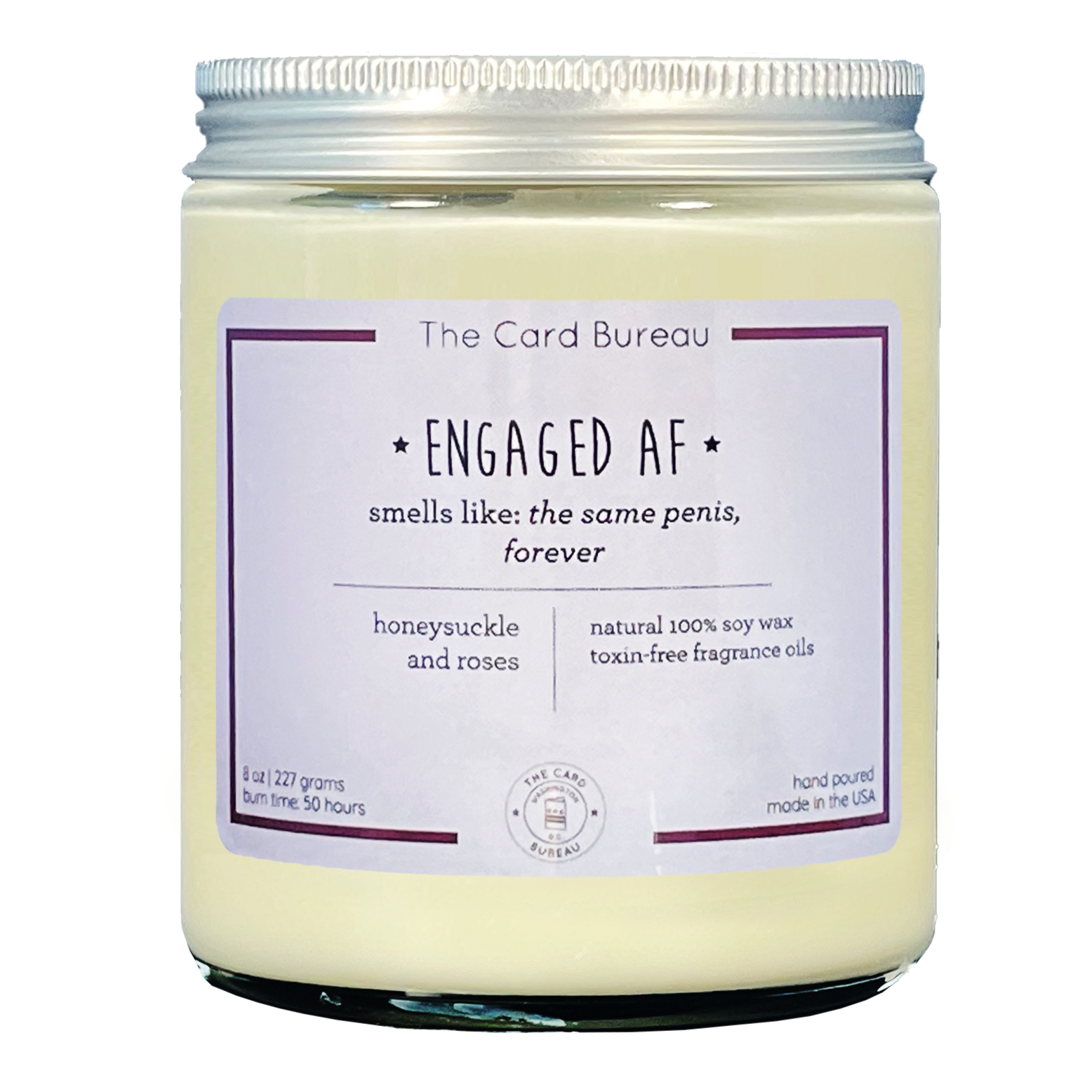 Engaged AF Candle in a glass jar with a tin lid, featuring a honeysuckle and roses scent, perfect for newly engaged friends.