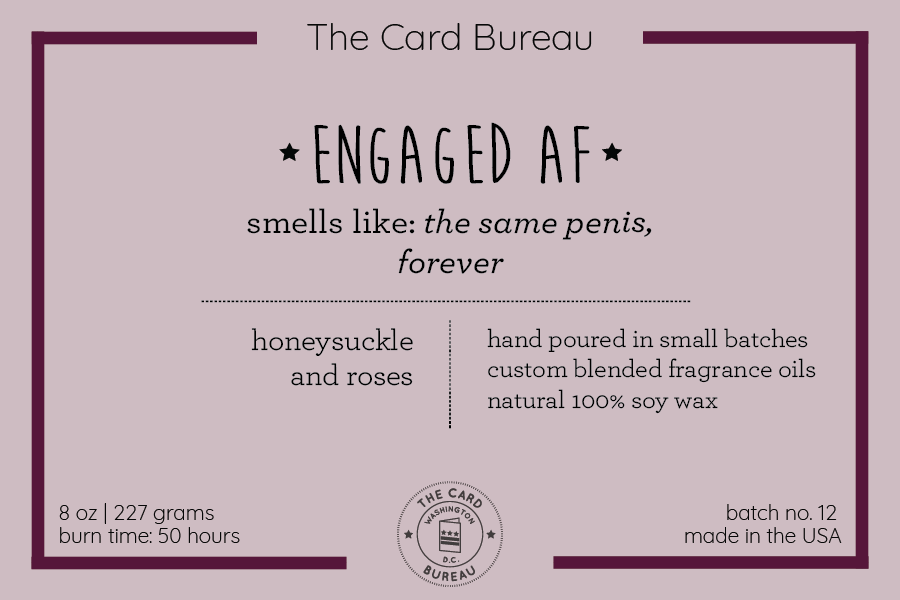 Engaged AF Candle in a glass jar with a tin lid, featuring a honeysuckle and roses scent, perfect for newly engaged friends.