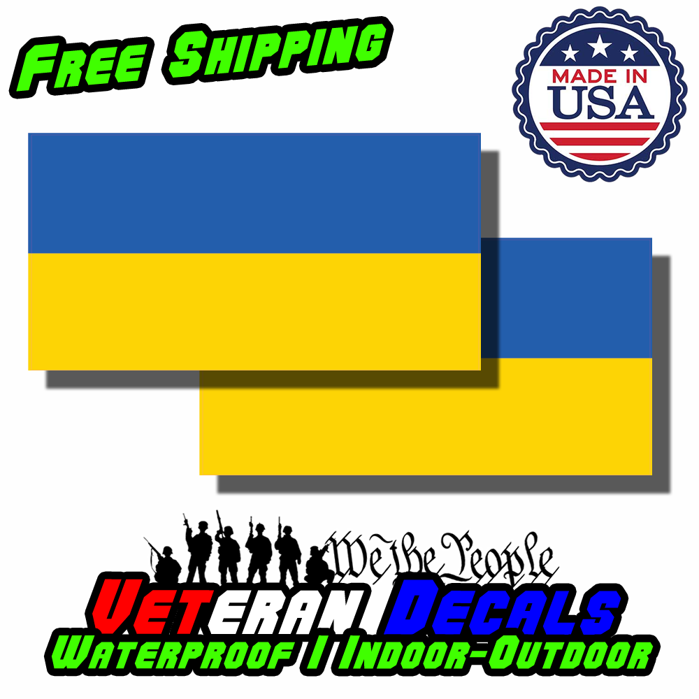 Two high-quality vinyl stickers featuring the flag of Ukraine, suitable for cars, laptops, and various surfaces.