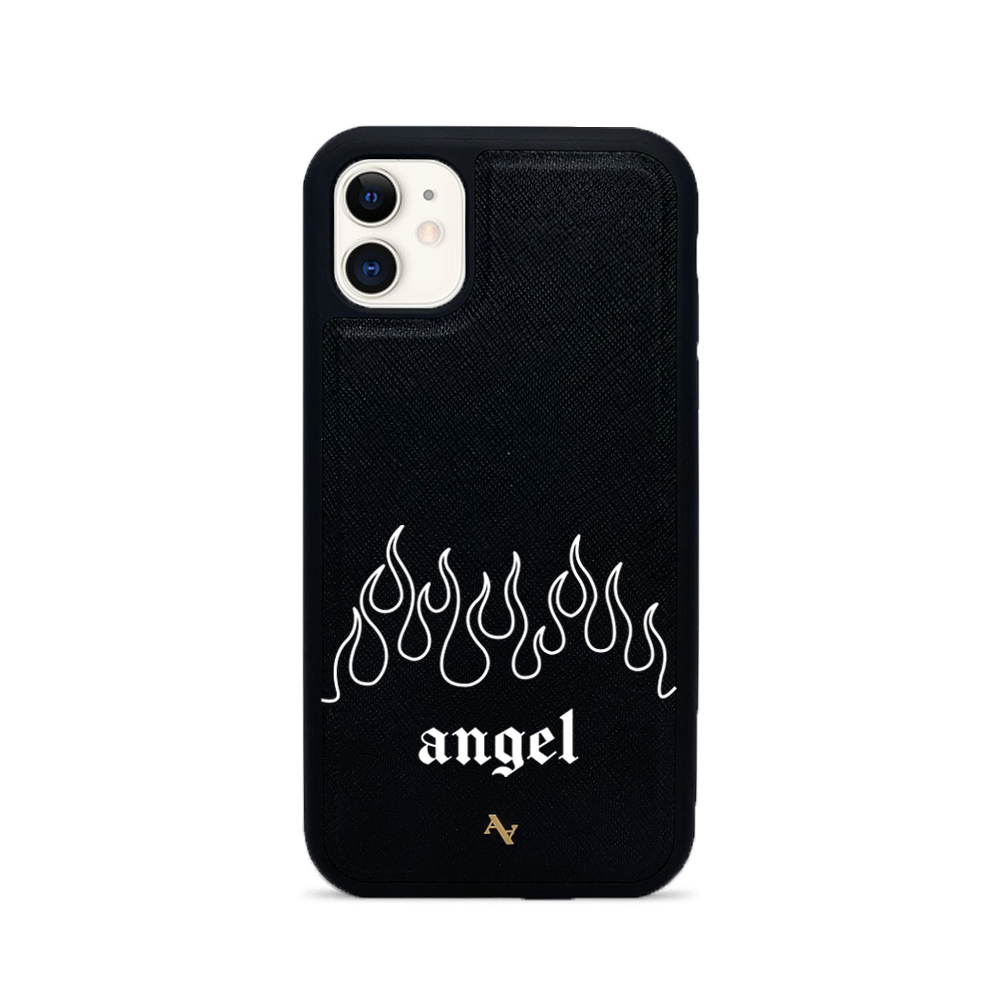 Flames Black iPhone 11 Leather Case showcasing genuine saffiano leather with a soft rubber rim, personalized with a monogram.