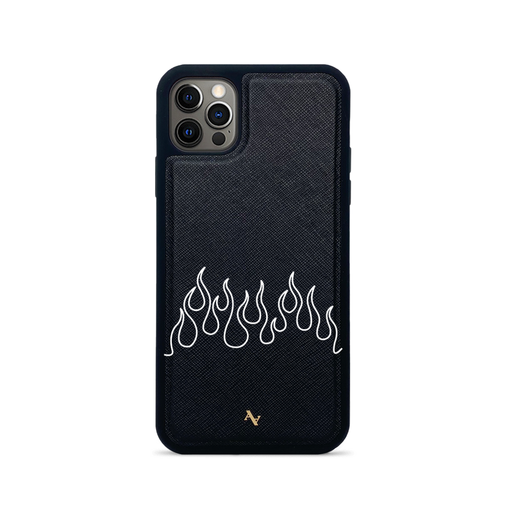 Black leather case for iPhone 12 Pro Max with saffiano texture and rubber rim, featuring customizable typography options.