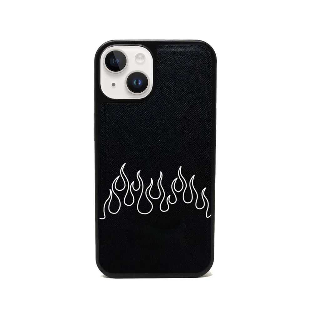 Flames Black iPhone 14 Plus Leather Case made from vegan saffiano leather with a soft rubber rim, showcasing personalization options.