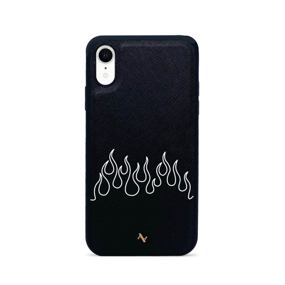 Flames Black iPhone XR Leather Case featuring saffiano leather and rubber rim, customizable with unique typographies and animal prints.