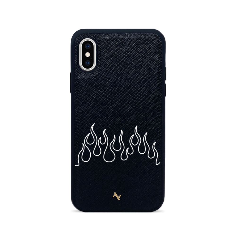 Black iPhone X/XS leather case made from genuine saffiano leather with a soft rubber rim, showcasing personalization options.