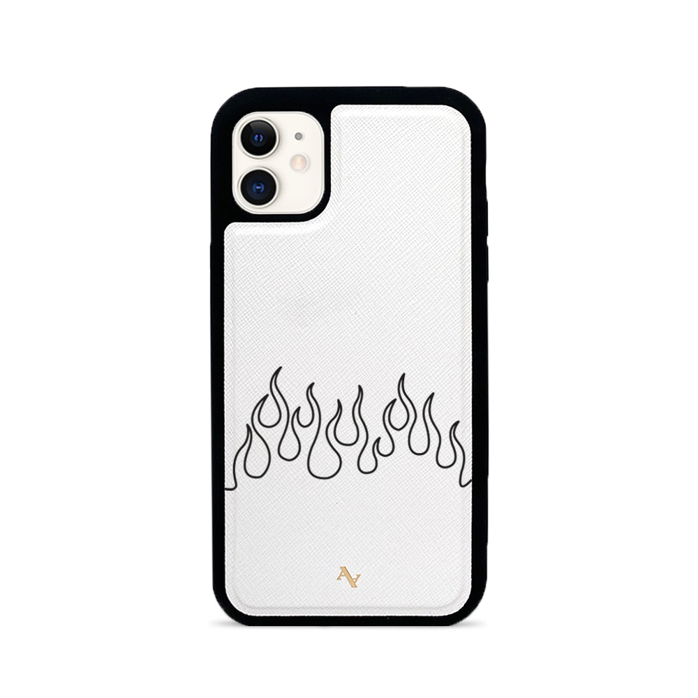 Flames White iPhone 11 Leather Case with saffiano leather and rubber rim, showcasing personalization options.