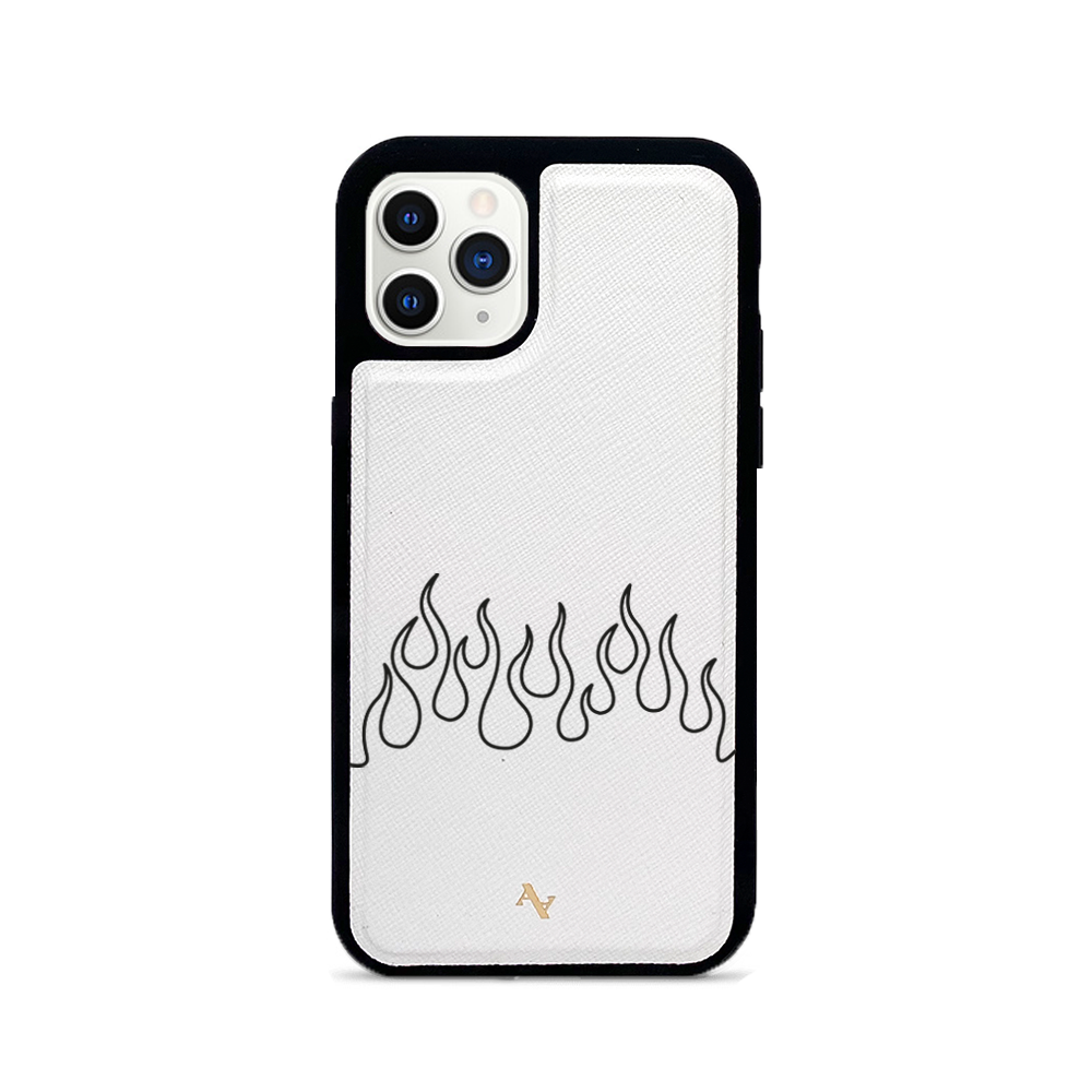 Flames White iPhone 11 Pro Leather Case showcasing genuine saffiano leather with a soft rubber rim, personalized with monogram options.