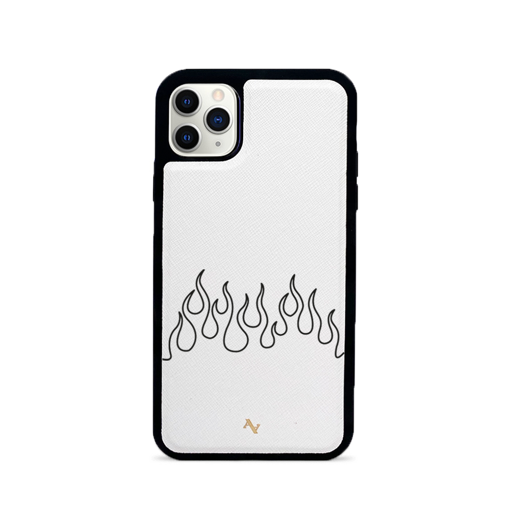 Flames White iPhone 11 Pro Max Leather Case with saffiano leather and rubber rim, showcasing personalization options.