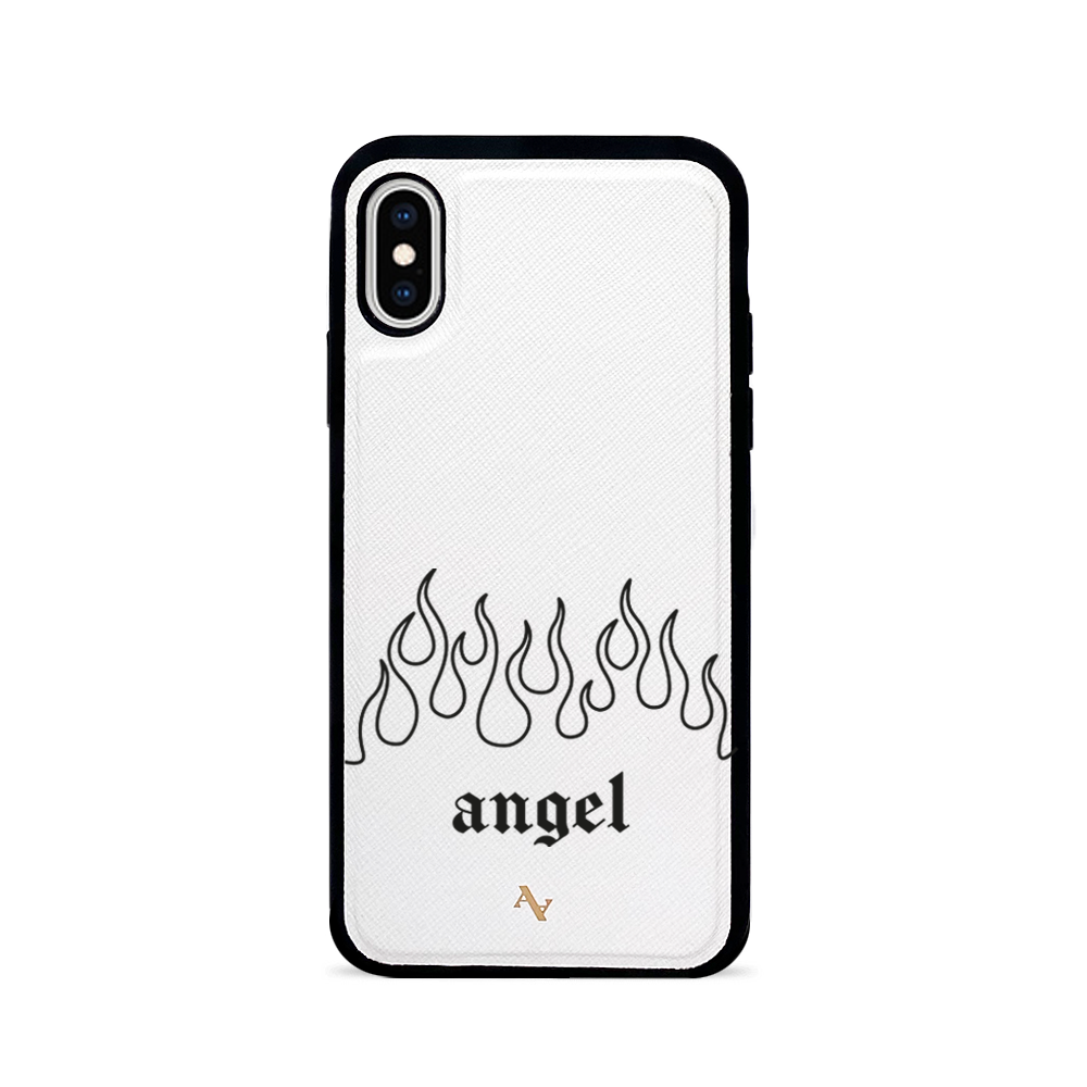 Flames White Leather Case for iPhone X/XS with soft rubber rim and personalized monogram options.