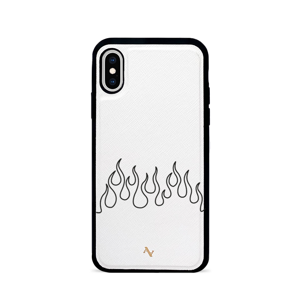 Flames White Leather Case for iPhone X/XS with soft rubber rim and personalized monogram options.