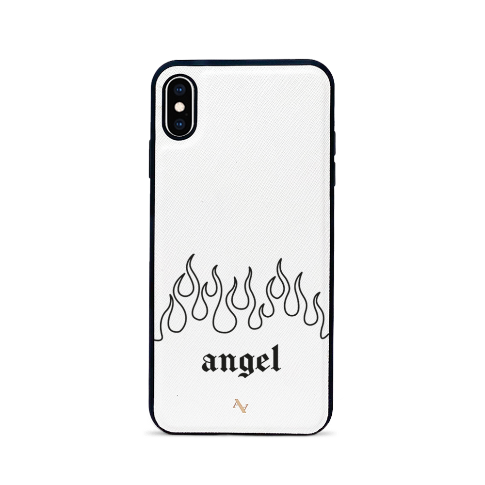 Flames White iPhone XS MAX Leather Case with saffiano leather and rubber rim, showcasing personalization options.