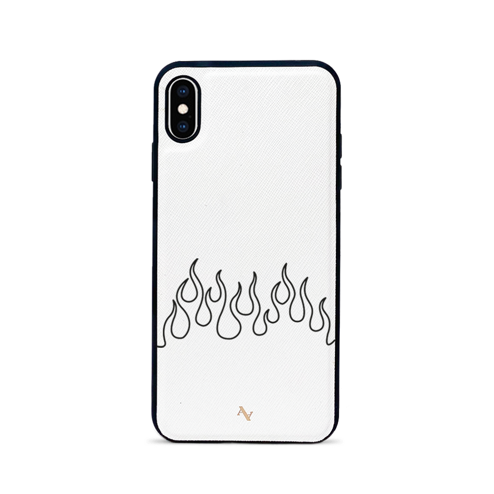 Flames White iPhone XS MAX Leather Case with saffiano leather and rubber rim, showcasing personalization options.