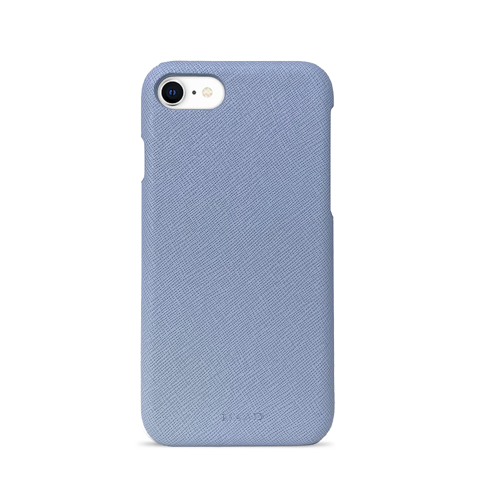 Baby Blue iPhone 7/8/SE case made of saffiano leather, featuring a slim design and personalization options.