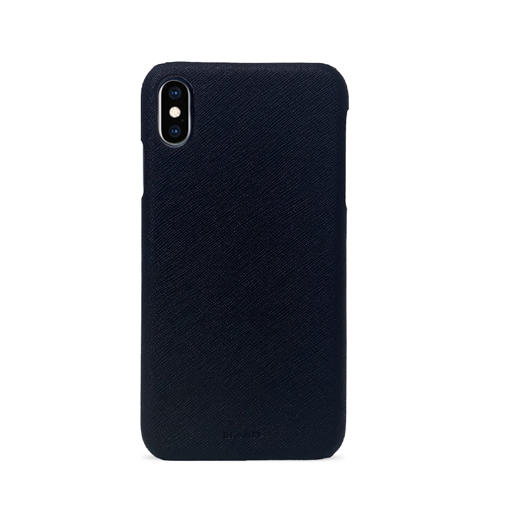 Black saffiano leather case for iPhone XS MAX, featuring a sleek design and personalization options.