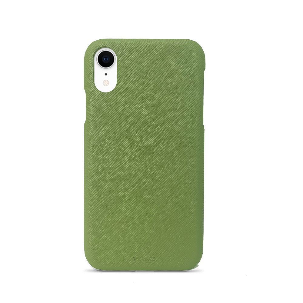 Green saffiano leather case for iPhone XR, featuring a minimalist design and personalization options.