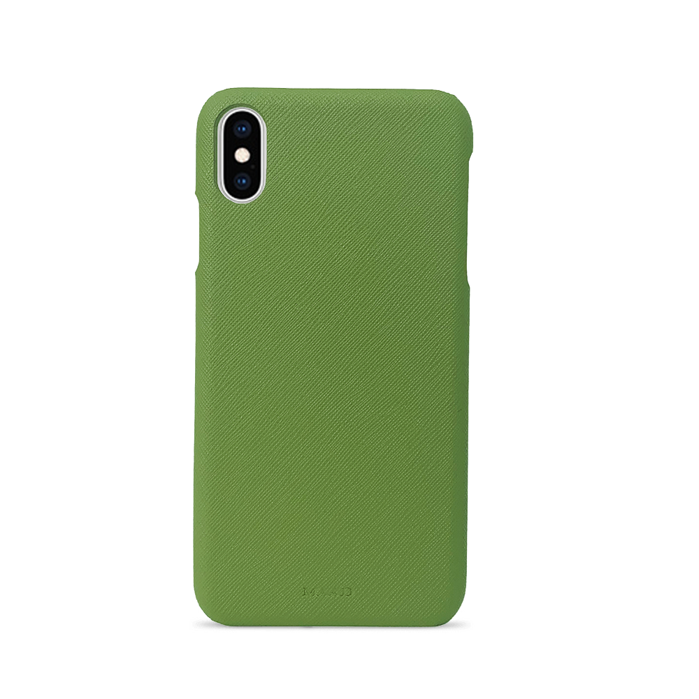 Green saffiano leather case for iPhone XS MAX with personalized monogram options.