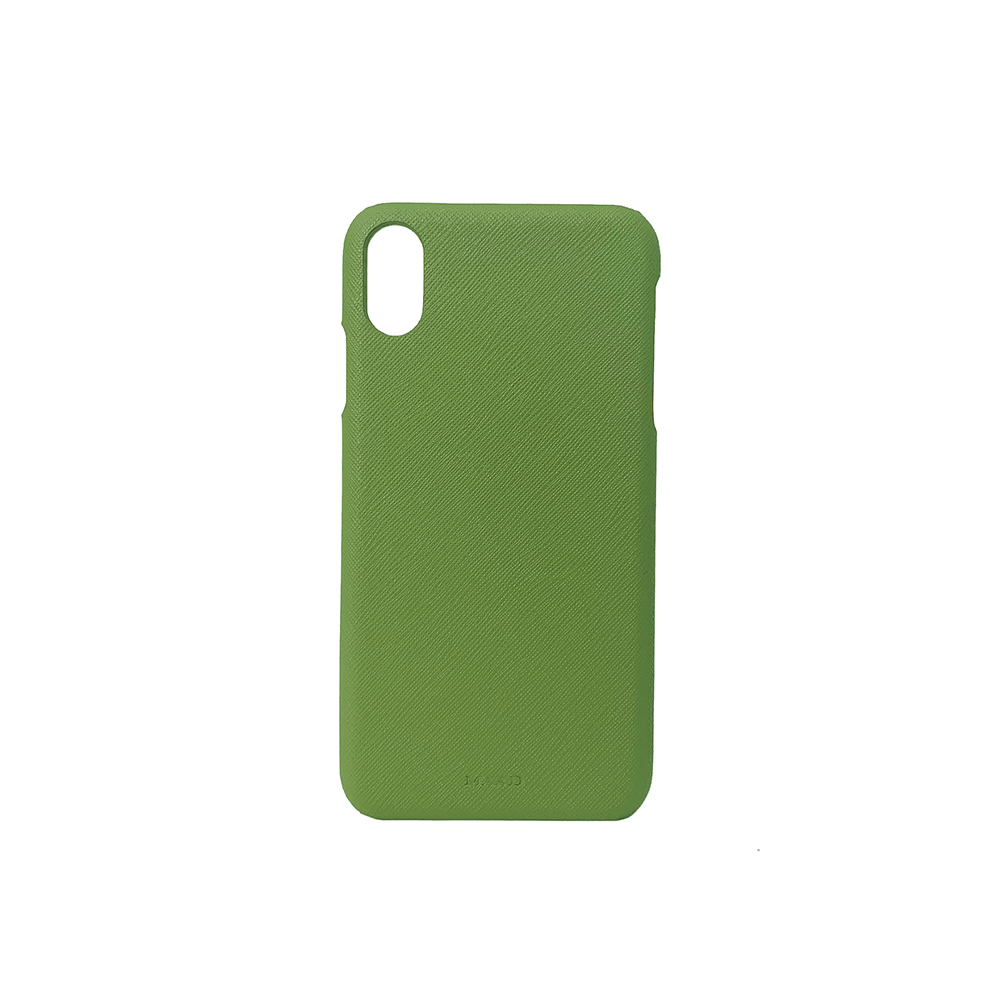 Green saffiano leather case for iPhone XS MAX with personalized monogram options.